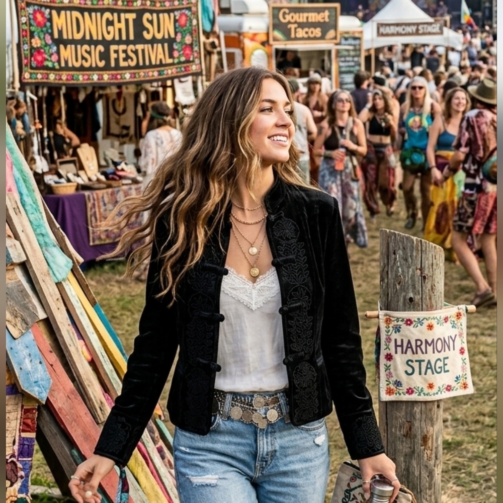 Boho Gypsy Festival Black Velvet Embroidered Jacket SZ 6